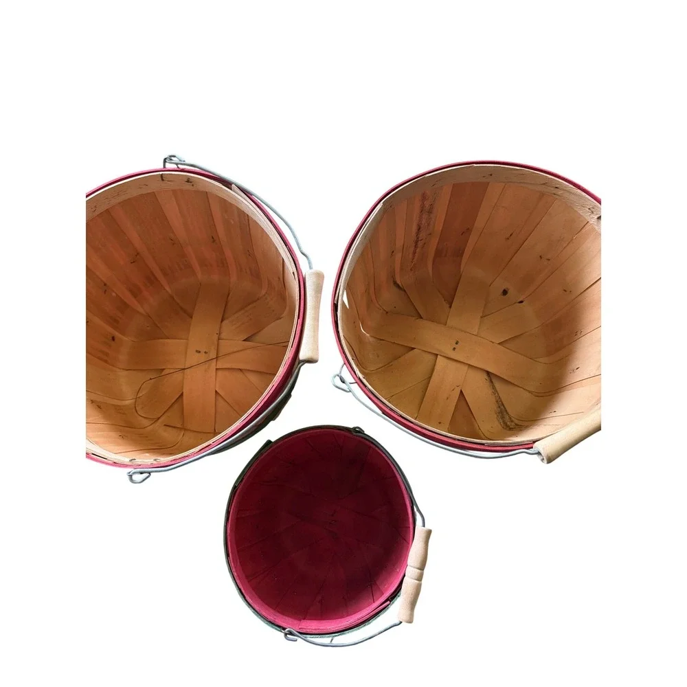3pc Wooden Bushel Basket Set Red Green Farmhouse Christmas Decor Gift Baskets